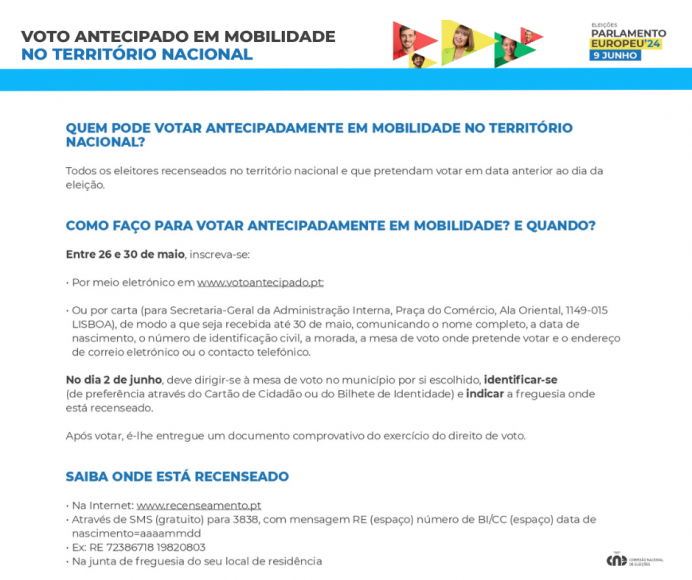 Eleições Parlamento Europeu 9 de Junho - Voto antecipado em mobilidade Eleições Parlamento Europeu 9 de Junho - Voto antecipado em mobilidade
